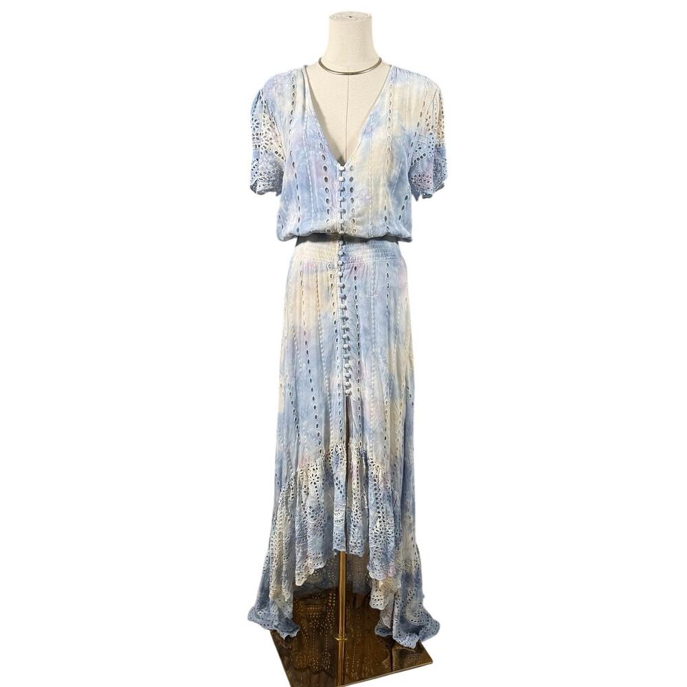 Young Fabulous & Broke Costa Blue Tie Dye Eyelet Maxi Dress Small Feminine Boho - Picture 2 of 10